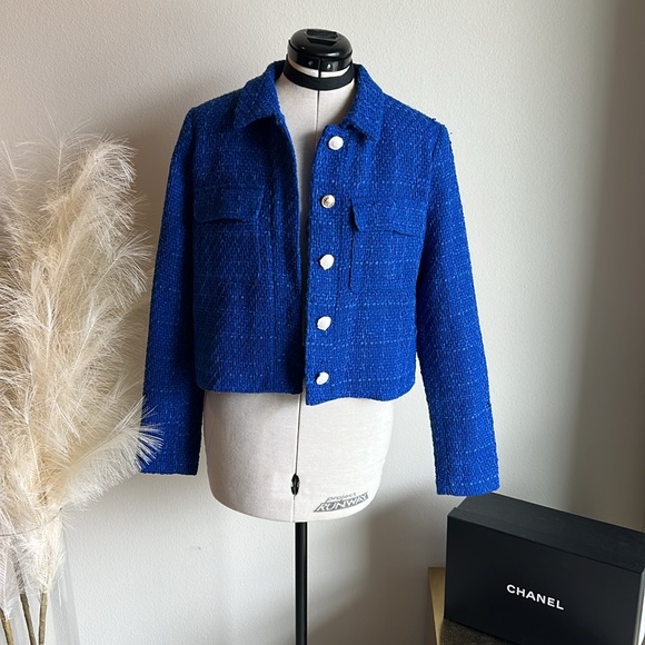 NWOT Rachel Zoe Royal Blue Tweed Cropped Blazer - Picture 8 of 14